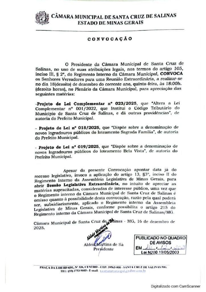 CONVOCAÇÃO REUNIÃO EXTRAORDINÁRIA