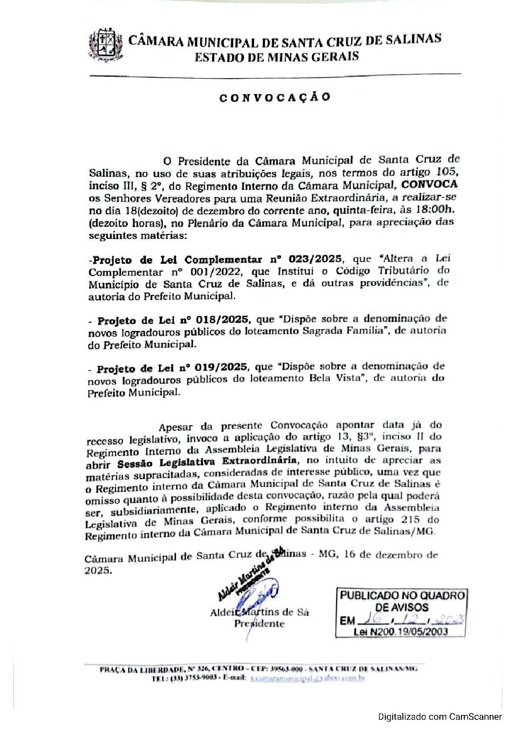 CONVOCAÇÃO REUNIÃO EXTRAORDINÁRIA